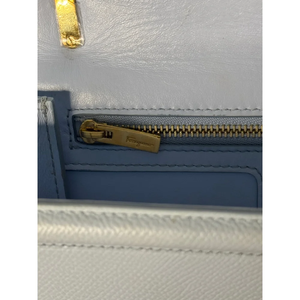 Salvatore Ferragamo Ginny Vara Bow Embossed Pale Blue Pebble Calfskin Flap Bag - Picture 15 of 15